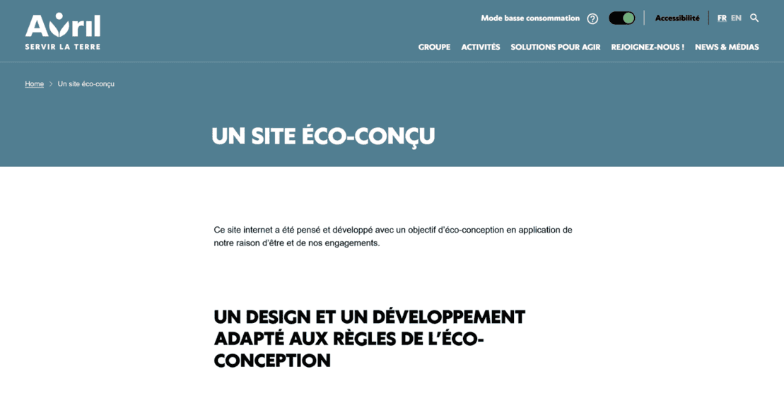 Interface de site web épuré, exemple de design éco-conçu